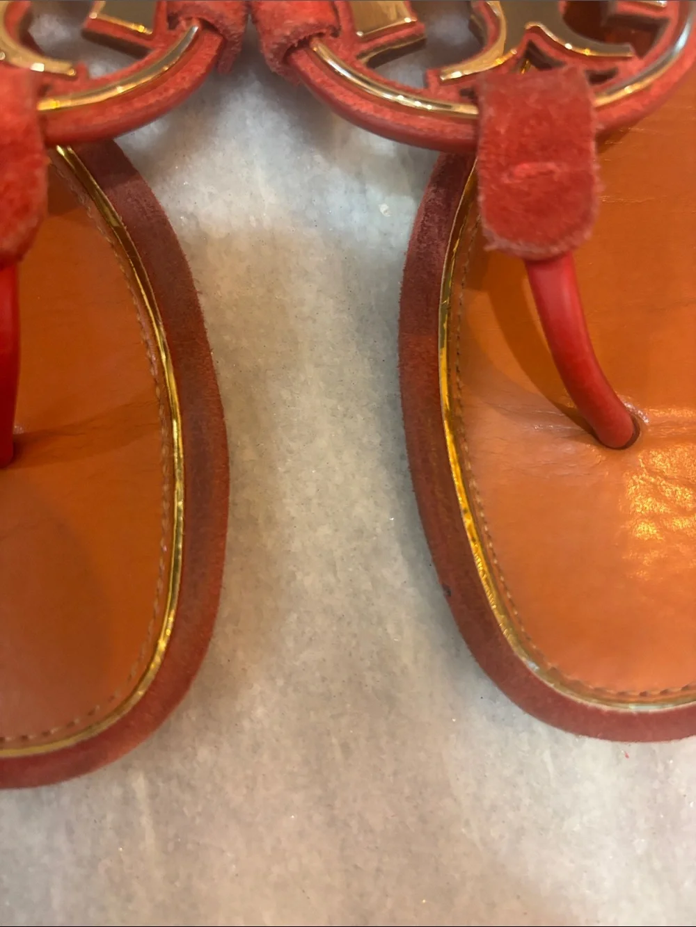 Tory Burch Red Suede Logo Thong Sandals with Gold Medallion